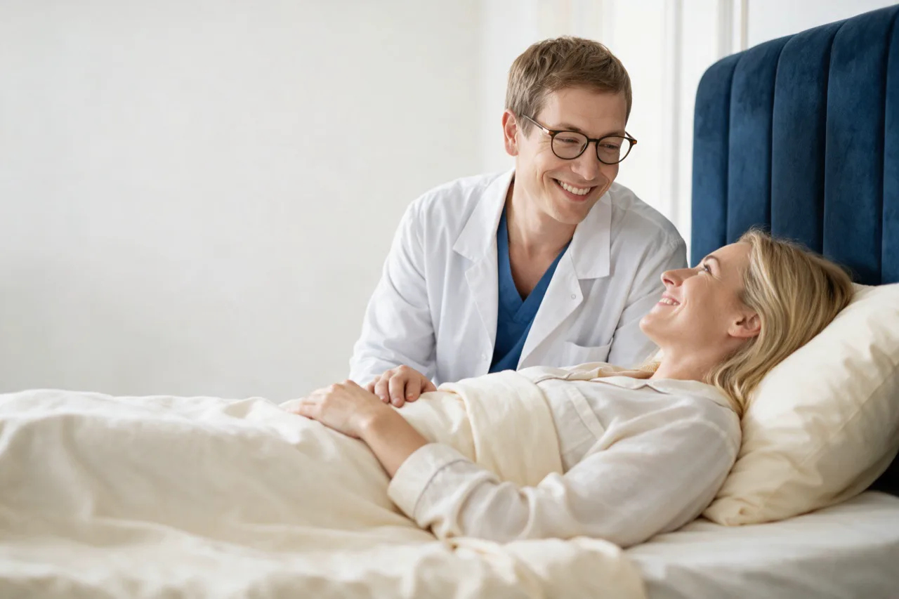 Un médecin souriant échange avec une patiente allongée, à son chevet