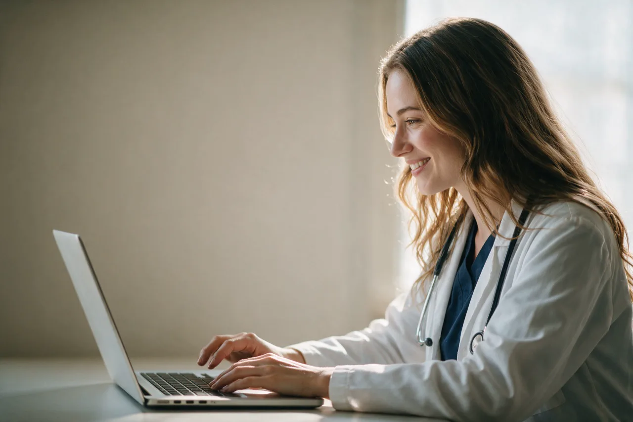 Une médecin de l'équipe, souriante, devant son ordinateur portable