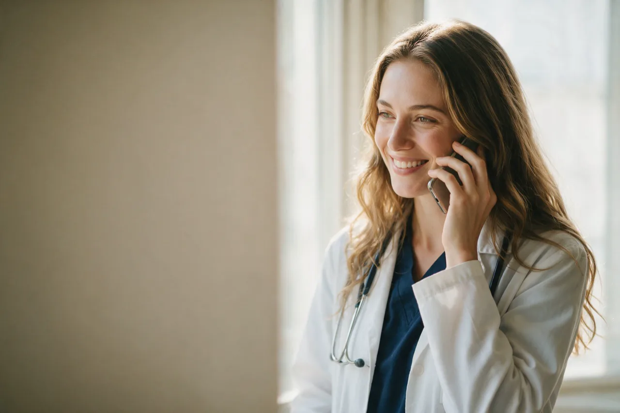 Une médecin anesthésiste souriante passe un appel téléphonique