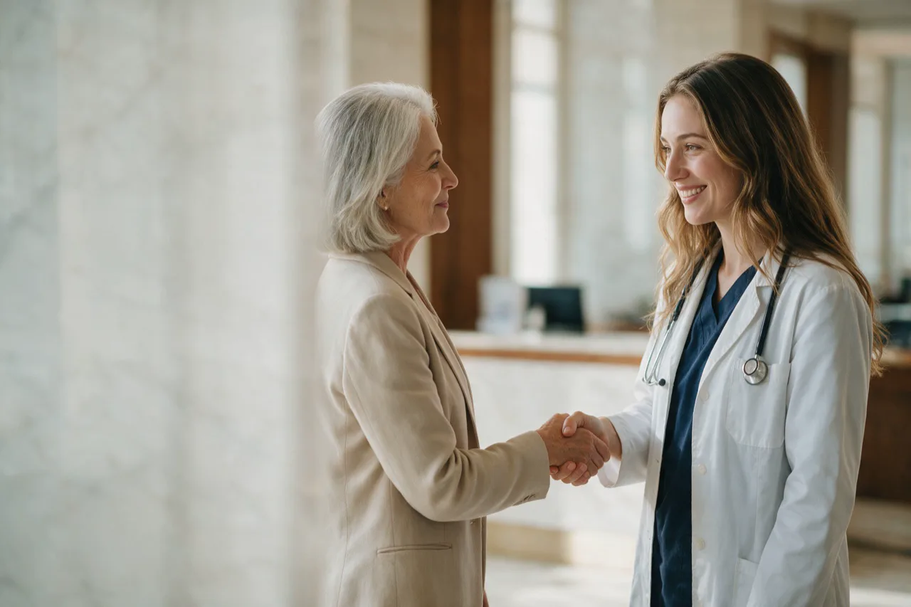 Une médecin accueille une patiente d'une poignée de main dans le hall d'une clinique
