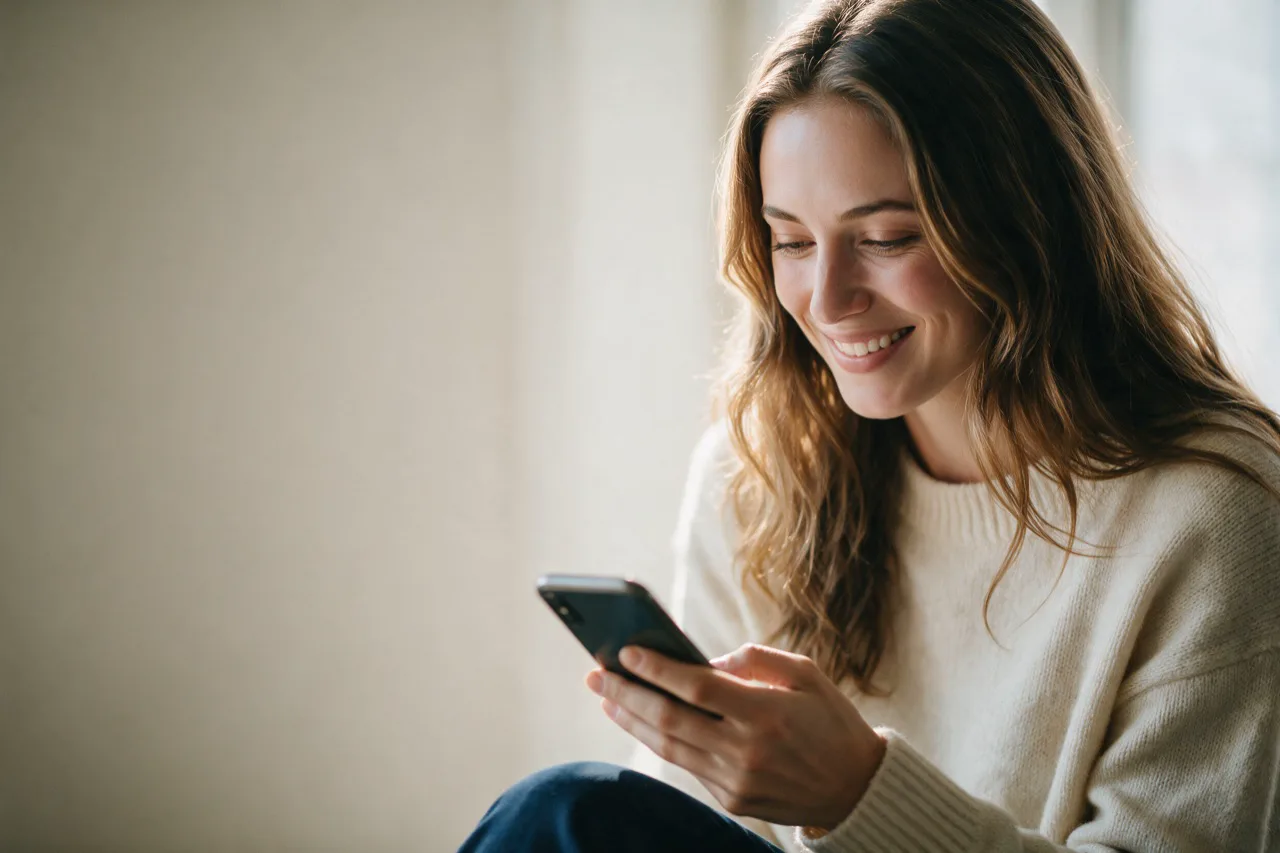 Une patiente souriante consulte son téléphone, installée chez elle